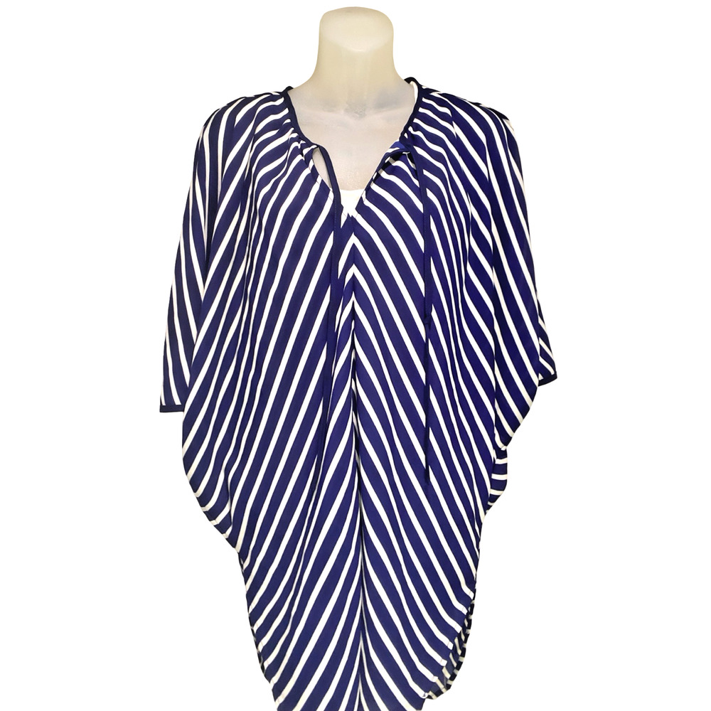 Mossimo Blue-White Striped Swim Cover Kaftan Tunic XS, Loose Fit wTies Batwing